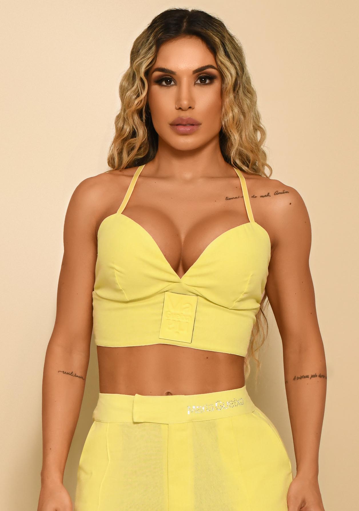 Conjunto top + calça frente única linho – Preto
