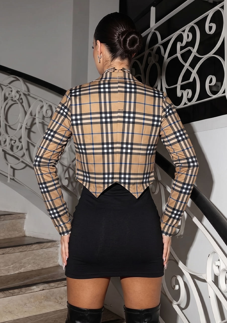 Jaqueta basic casaco plaid camel